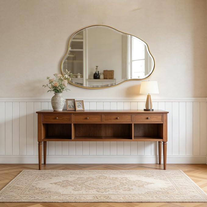 POZINO Irregular Beveled Mirror, 42"x28" Asymmetrical Vanity Wall Mirror with Gold Metal Frame, Organic Shape Mirrors for Entryway Bathroom Living Room Bedroom, Horizontal/Vertical Hanging