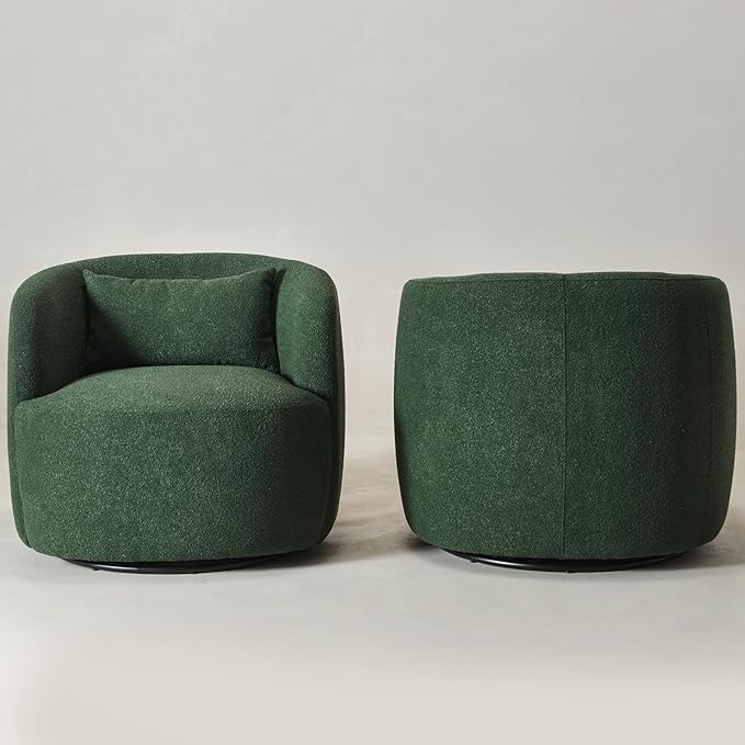 KINWELL 34" Wide Boucle Swivel Barrel Chairs Set of 2, No Assembly Round Upholstered Armchairs Accent Chairs Single Sofa Chair with Toss Pillow for Living Room and Bedroom, Green