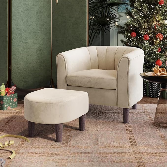 LINSY Accent Chair with Ottoman, Modern Armchair Comfy Barrel Reading Chair with Footrest for Living Room Bedroom Reading Room, Velvet, Cream