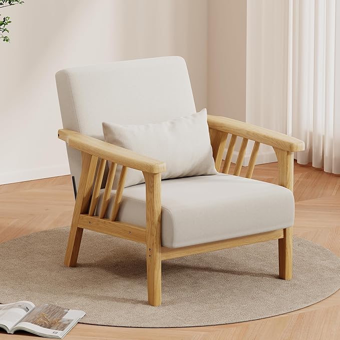 Solid Wood Accent Chair Mid-Century Modern Lounge Armchairs, Fabric Upholstered Soft Comfy Living Room Chairs with Armrest Waist Cushion Pillow for Office Reading Waiting Room (Natural)