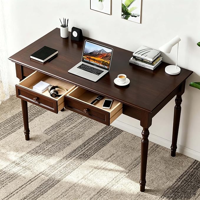 Walnut Writing Desks with Drawers, 47" Solid Wood French Country Style Computer Desk for Home Office, Living Room Study or Workspace