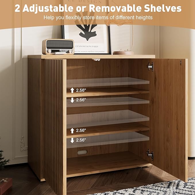 Rophefx Fluted Sideboard Cabinet, 63" Buffet Cabinet with Storage, Credenza Storage Cabinets with Adjustable Shelf, Wood Entryway Cabinets with Pop-up Doors for Living Room, Entryway, Hallway, Oak