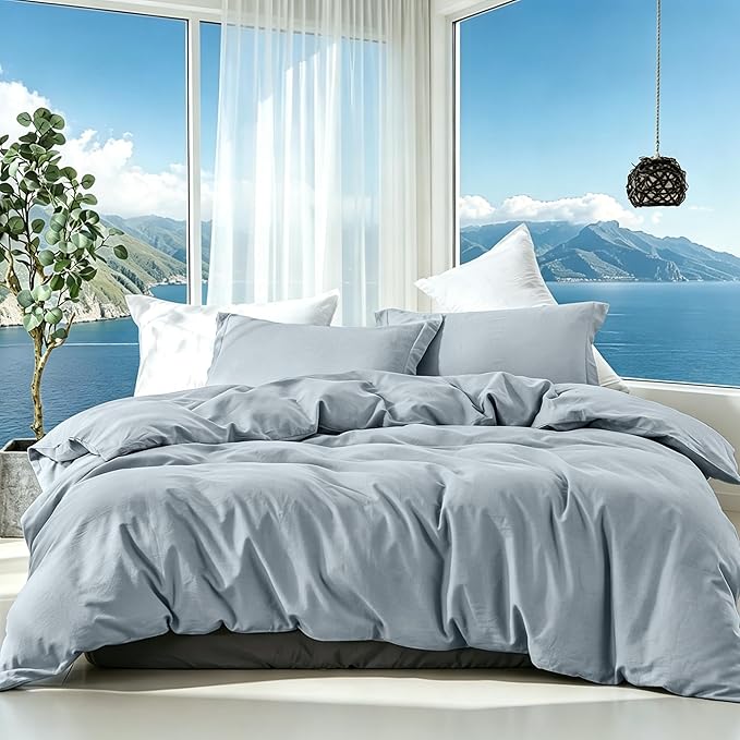 FALUCA French Linen Blend Duvet Cover Set 3Pcs King (104"x92") - Soft, Breathable, Cooling Farmhouse Bedding for Hot Sleeper (King, Dusty Blue)
