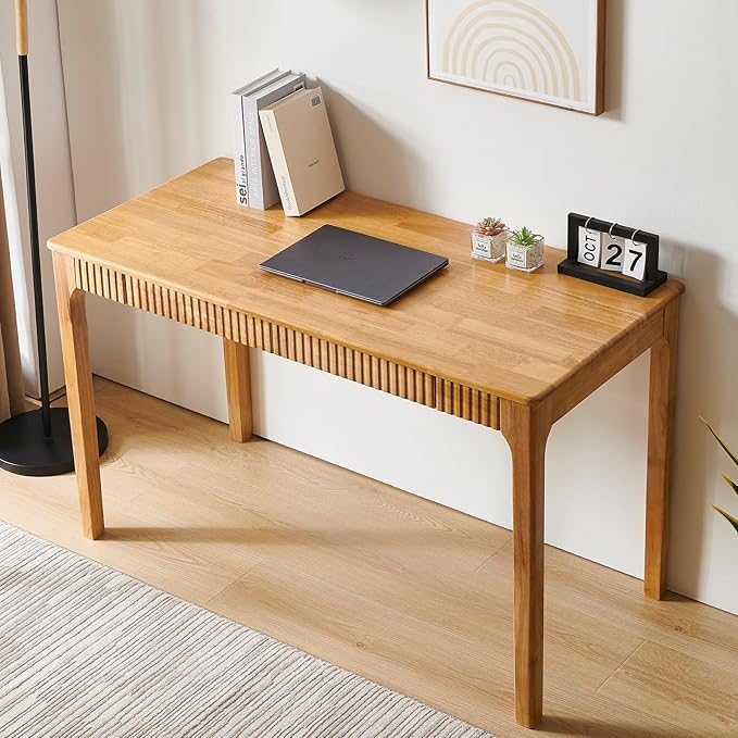 Solid Wood Desk with Drawers, Light Wood Desk for Small Spaces, Small Writing Desk for Bedroom, Gaming Study Home Office Wooden Desks for Work, 47 inch Wood Computer Desk