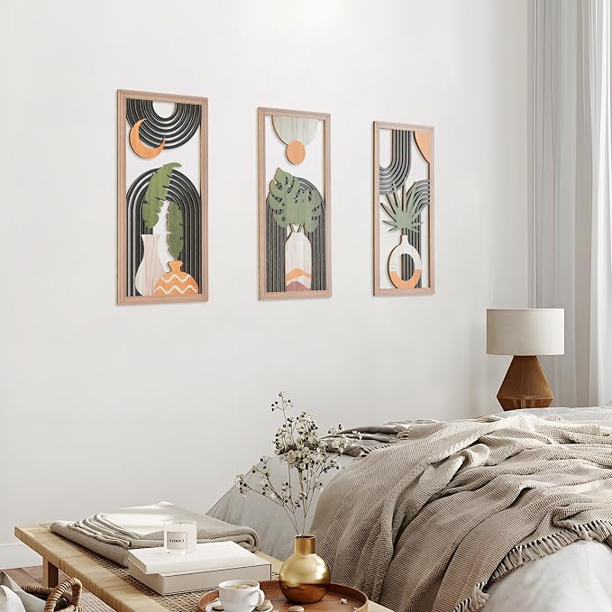 Boho Wall Art Set of 3, Modern Minimalist Leaf Wall Decor, Abstract Geometric Wooden Artwork for Living Room Bedroom Office, Mid Century Modern Decor (Contemporary Style - 11.8 x 5.9 inch)