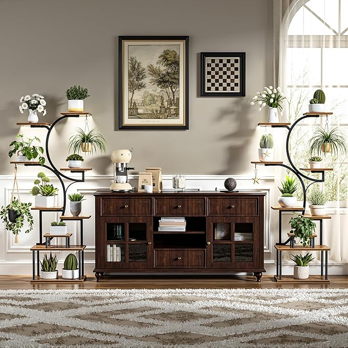 VECELO 66.1" Tall Plant Stand Indoor with Grow Lights, 9-Tier Plant Shelf with Hanging Hooks, S-Shaped Metal Plant Rack, Space-Saving for Home, Living Room & Corner Spaces, Brown