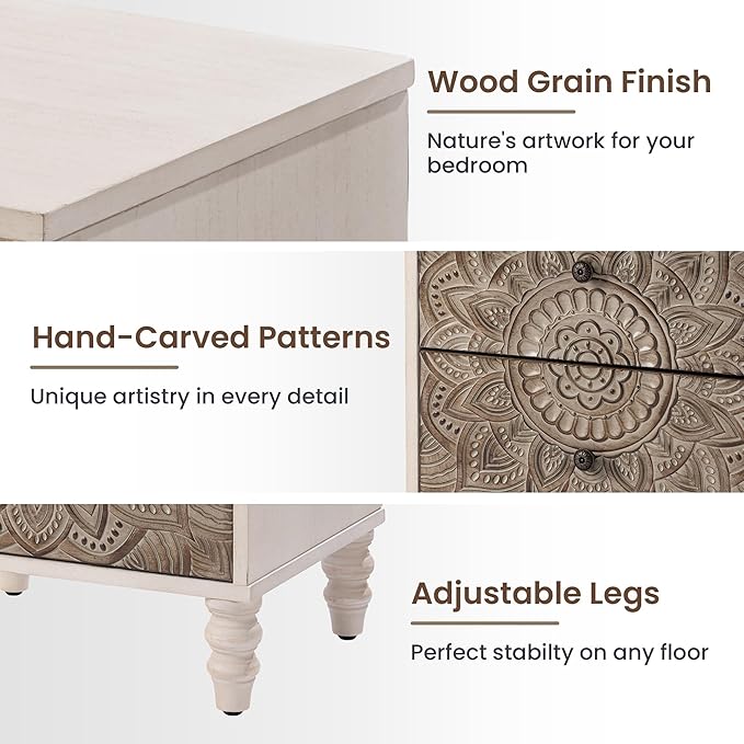 HOMPUS White Nightstand with 2 Drawers, Lotus Flower Carved Wood Bedside Table, Small Nightstand Side Table, Easy Assembly End Table with Storage for Bedroom, Apartment, Farmhouse & Boho, White