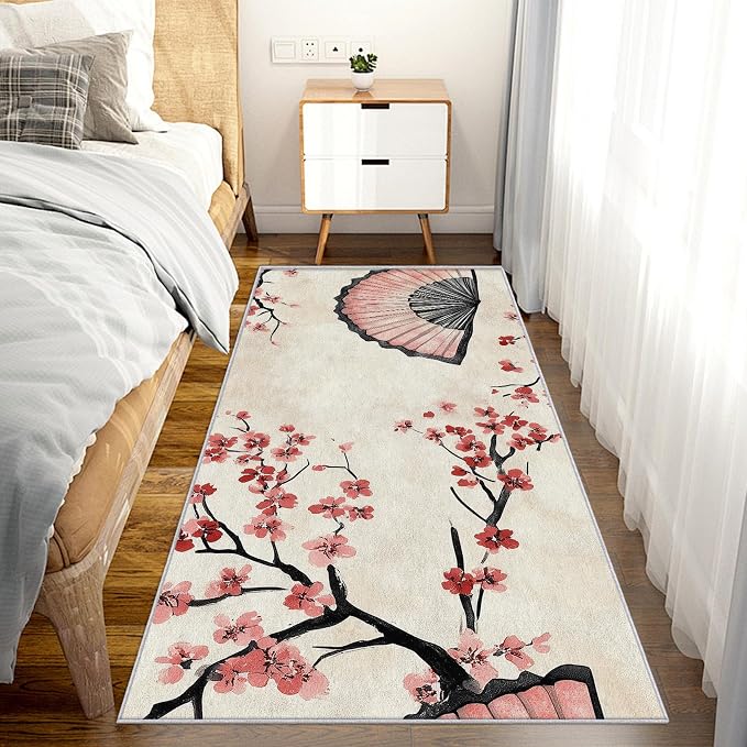 Japanese Cherry Blossom Runner Rug 3x6, Oriental Fan Design, Asian Area Rug, Washable Carpet Runner for Bedroom, Standard Hallways, Kitchen Walkway, Dining Room Sideboard