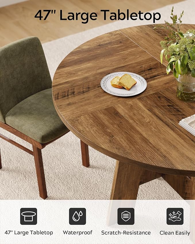 Round Dining Table for 4-6 People, 47” Farmhouse Kitchen Table with Sturdy Legs, Rustic Wooden Circle Dinner Table for Dining Room, Living Room, Honey Brown(Table Only)