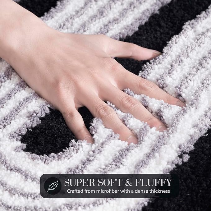 Wavy Boho Bathroom Rugs, Cute Retro Scalloped Bath Mat with Funky Geometric Design, Black Room Decor Cool, Machine Washable Soft Non-Slip Bath Rug, Black and White Bathroom Rugs, 30" x 20"