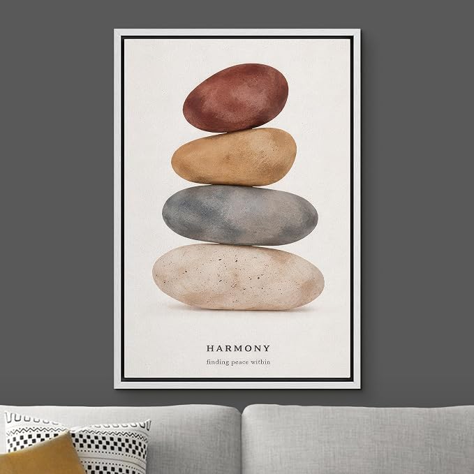 Woodrose Framed Canvas Print Wall Art Zen Balance Stones Harmony Typography Illustrations Modern Art Minimalist 3D Colorful Ultra for Living Room, Bedroom, Office - 16"x24" WHITE