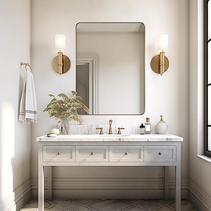 ANDY STAR Wall Mirror for Bathroom with Stainless Steel Metal Frame, 30"x40"Rectangle Rounded Corner Frame, Brushed Gold Finish