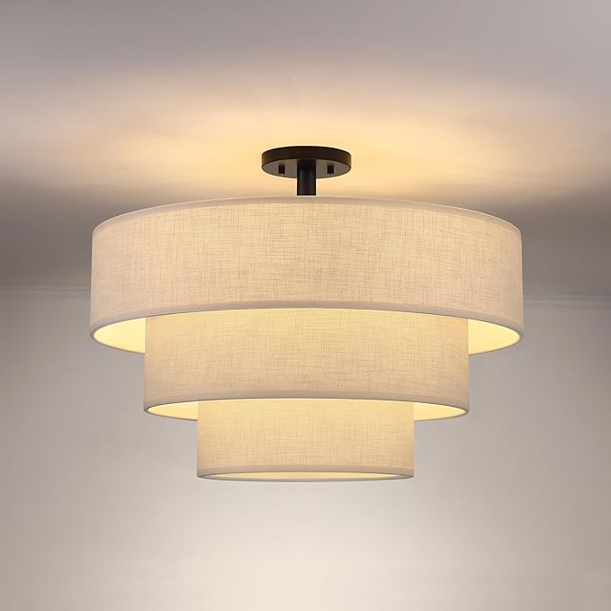 Doraimi Lighting 3 Tier Linen Drum Fabric Semi Flush Mount Light Modern Farmhouse Decor 7 Light 24 Inch Black Finish for Kitchen Living Room Dining Room Corridor Hallway