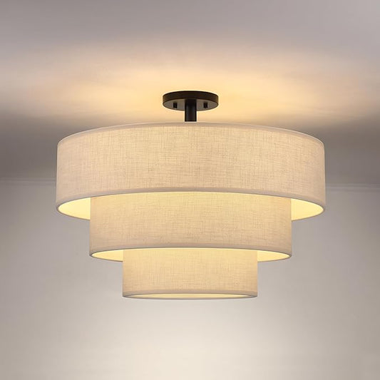 Doraimi Lighting 3 Tier Linen Drum Fabric Semi Flush Mount Light Modern Farmhouse Decor 7 Light 24 Inch Black Finish for Kitchen Living Room Dining Room Corridor Hallway