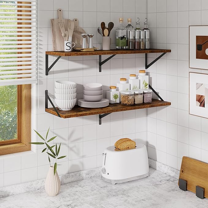 Deep Floating Shelves for Wall,36" Wx10 D Wood Wall Shelves with Metal Brackets,Hanging Storage Floating Shelf for Living Room,Bedroom,Bathroom,Office,Kitchen,Rustic Brown