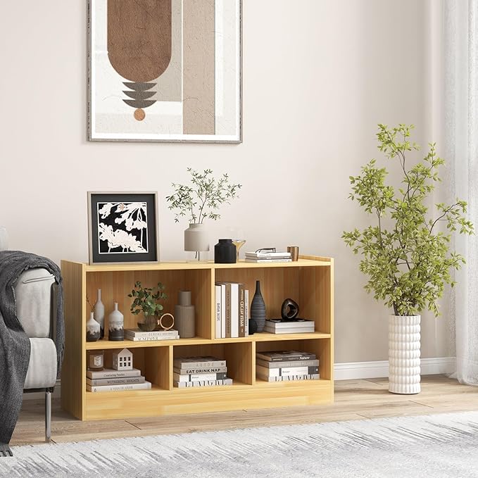 DORTALA 2-Tier Bookcase, 5 Cube Wood Storage Cube Bookshelf, Floor Standing Display Storage Shelf with Non-Slip Foot Pads, Storage Organizer Bookcase for Home Office, Living Room (Yellow)