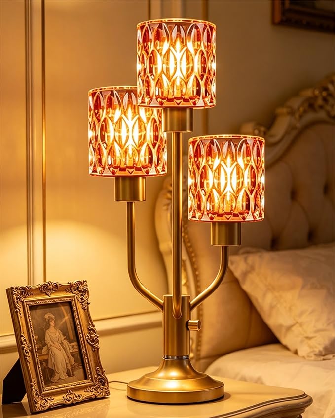 Lightdot Mid Century Modern Table Lamp Dimmable Nightstand Lamp Red Glass Vintage Gold Desk Lamp 3 Bulbs Included Warmwhite Ambient Bedside Lamps for Living Room Bedroom Girls Room Home Office Decor
