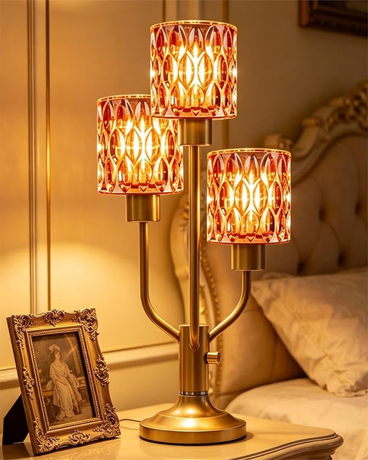 Lightdot Mid Century Modern Table Lamp Dimmable Nightstand Lamp Red Glass Vintage Gold Desk Lamp 3 Bulbs Included Warmwhite Ambient Bedside Lamps for Living Room Bedroom Girls Room Home Office Decor