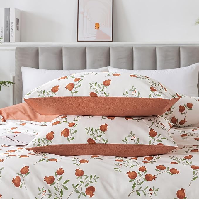 HoneiLife Fruits Duvet Cover King - 100% Cotton Comforter Cover 3-PC, Botanical Bedlinen Set with Zipper Closure & Corner Ties, Pomegranate Comforter Cover Sets
