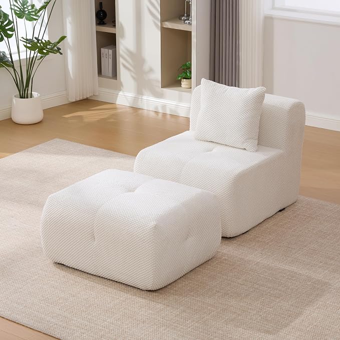 31" Minimalist Style Armless Accent Chair with Ottoman,Modern Boneless Deep Seat Single Sofa with Pillow,Comfortable Chaise Lounge,No Assembly Required for Apartment,Living Room,Bedroom,Ivory