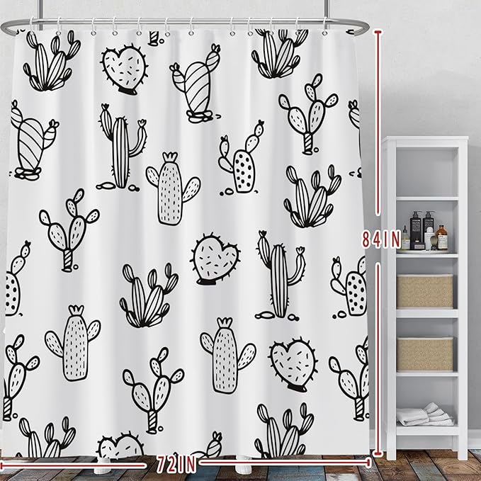 Baocicoo Cartoon Cactus Shower Curtain Tropical Plants Mexican Texas Minimalism Black and White Decorative Artistical Shower Curtains for Home Bathtubs Bath Waterproof Fabric with Hooks 72x84 Inches