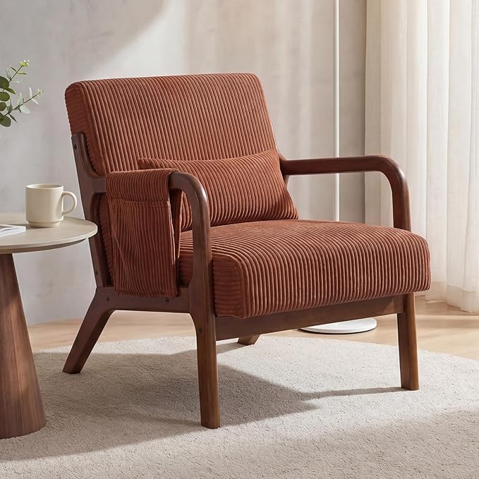 DUMOS Mid Century Modern Accent Chair, Upholstered Armchair with Lumbar Pillow and Solid Wood Frame, Comfy Reading Chair for Small Living Room, Bedroom, Guest Room, Orange
