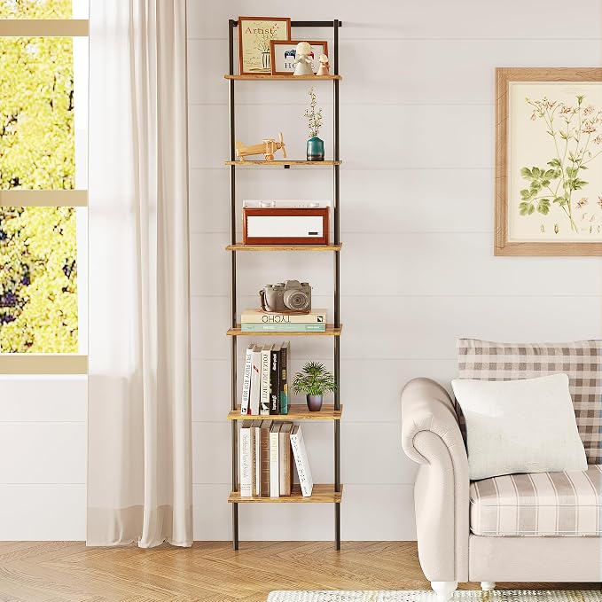 6-Tier Ladder Shelf, 77 Inches Wall Mounted Ladder Bookshelf with Metal Frame, Wood Tall Open Storage Rack and Display Shelves for Home Office Bedroom Living Room, Rustic Brown