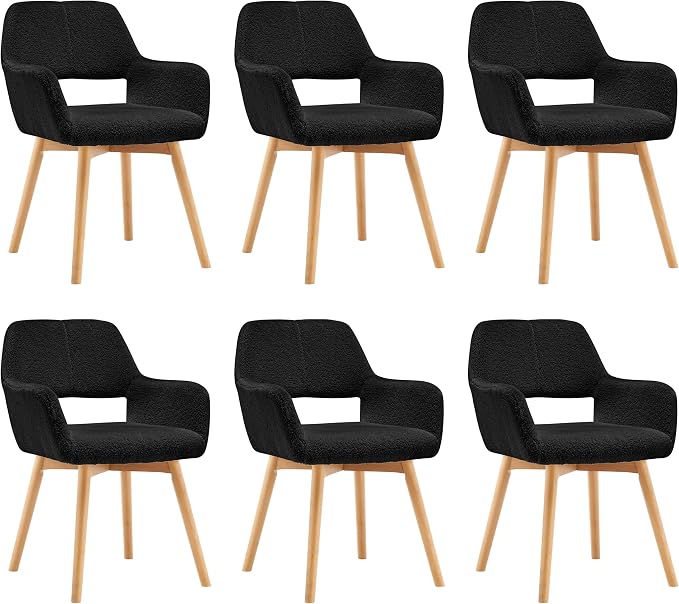 Mid Century Modern Dining Chairs Set of 6 & 4 & 2 Comfy Accent Chair Upholstered Kitchen Dining Living Room Chairs for Bedrooms Waiting Room Home Arm Desk Chair No Wheels (Wool Black, 6)