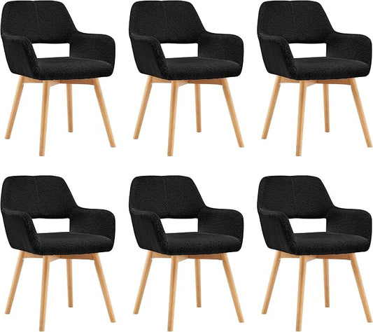 Mid Century Modern Dining Chairs Set of 6 & 4 & 2 Comfy Accent Chair Upholstered Kitchen Dining Living Room Chairs for Bedrooms Waiting Room Home Arm Desk Chair No Wheels (Wool Black, 6)