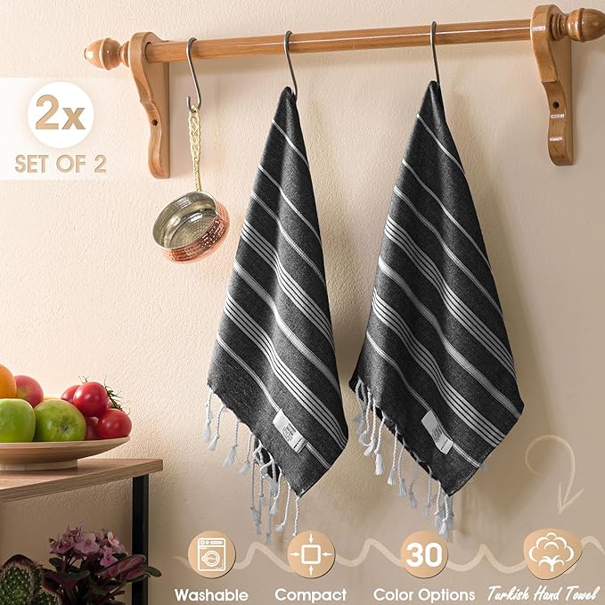 Hand Towels - Set of 2 | 18" x 30" - Decorative Turkish Hand Towel for Bathroom, Kitchen, Guest, Face, Hair, Tea, Dishcloth (Sultan, Black)