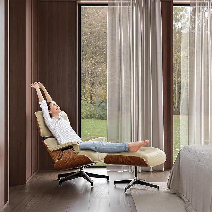 Top Cream White Grain Leather, Mid Century Chaise Lounge Chair and Ottoman, Modern Chair Classic Design, Walnut Wood, Heavy Duty Base Support for Living Room Office