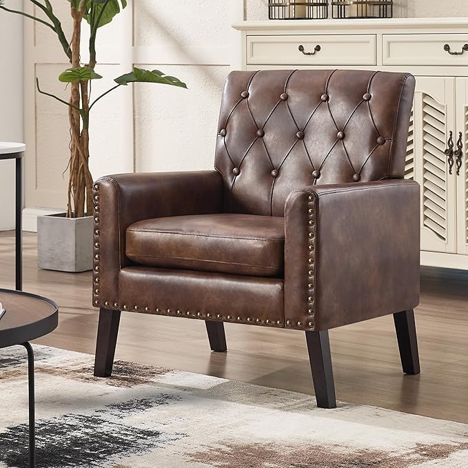 Mid Century Modern Accent Chair, Dark Brown Faux Leather Office Chair for Reception - Tufted Leather Club Chair for Living Room, Bedroom, or Waiting Room