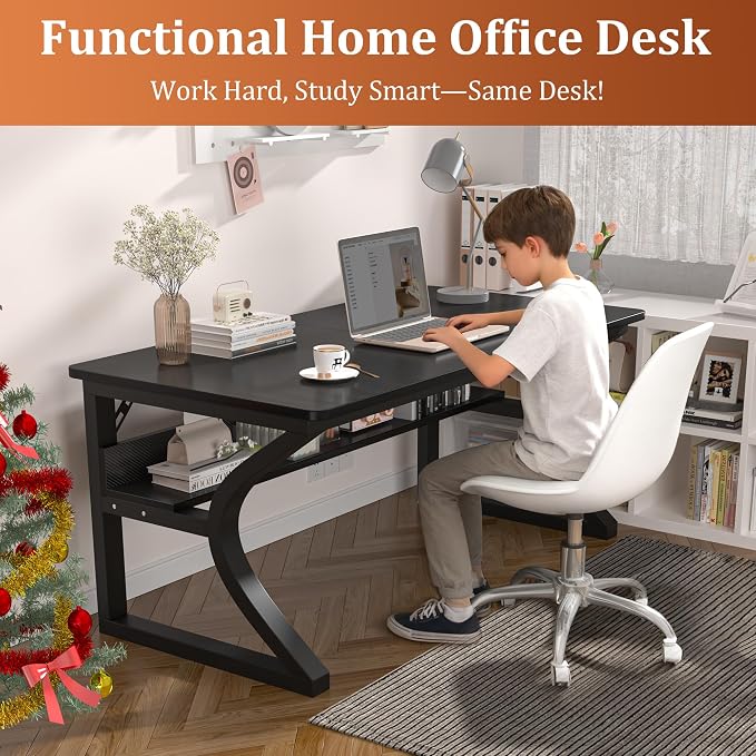AZN Computer Desk, 47x24 in Computer Desk, Office Desk w/Storage & U-Size Metal Frame for Home Office Bedroom Gaming, Office Desk w/Water-Resistant, Scratchproof Surface, Carbon Fiber Black