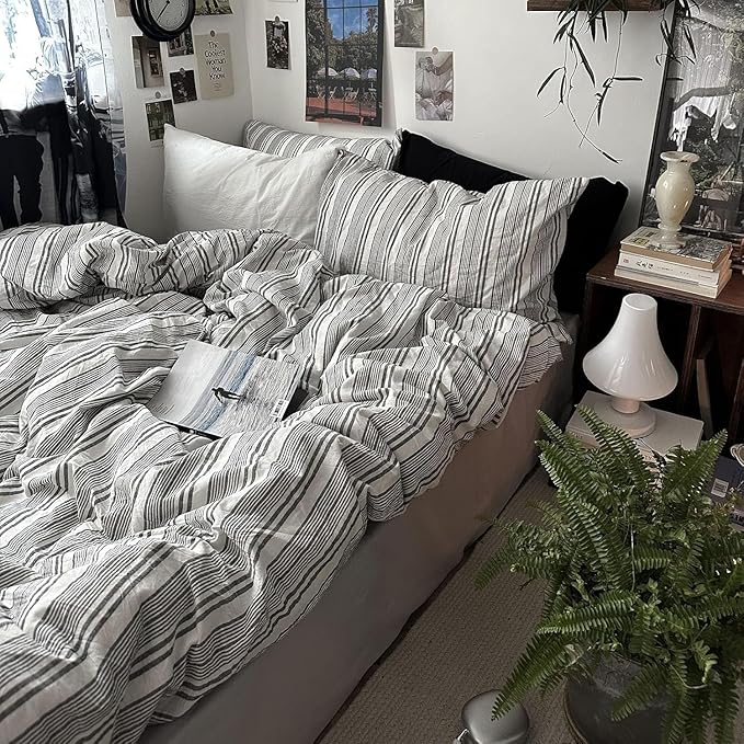 mixinni Vintage Gray & White Striped Duvet Cover Set - 3 Piece 100% Washed Cotton Twin XL Size Bedding | Minimalist Gender-Neutral Design | Ultra-Soft Breathable, with Zipper Closure & Corner Ties