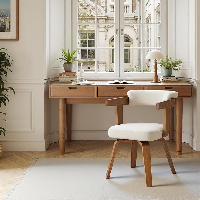 Art Leon Office Chair No Wheels - Mid Century Modern Desk Chair, Fabric Upholstered Accent Arm Chair with Wood Legs for Small Spaces Home Office Living Room Bedroom Study, Off White/Walnut