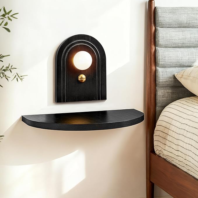 AELS Mid-Century Modern Floating Shelf with Rechargeable Type-C LED Wall Light, Space-Saving Wooden Wall Mounted Bedside Shelf for Bedroom or Dorm, Black
