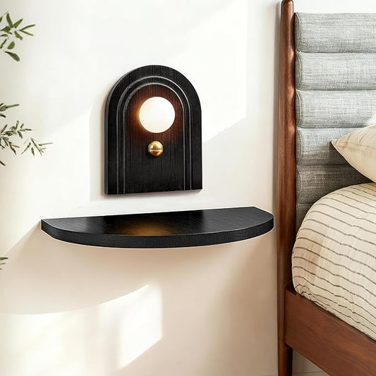 AELS Mid-Century Modern Floating Shelf with Rechargeable Type-C LED Wall Light, Space-Saving Wooden Wall Mounted Bedside Shelf for Bedroom or Dorm, Black