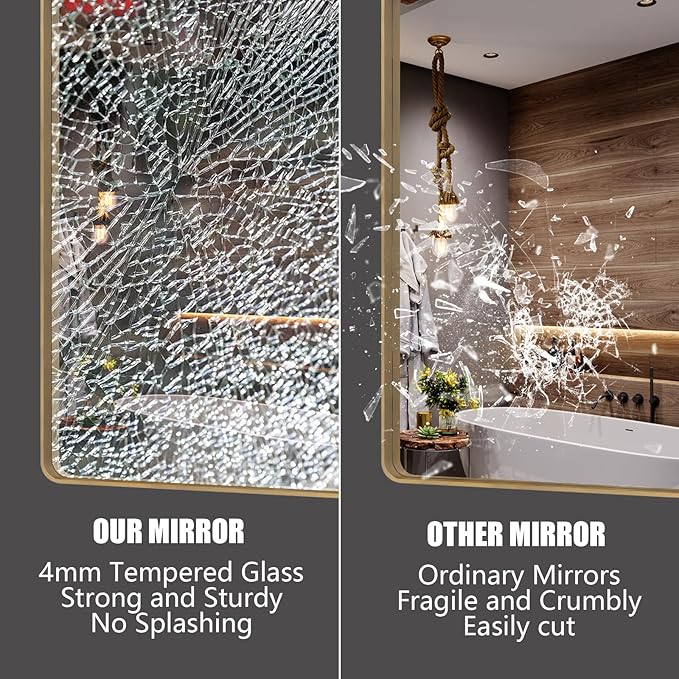 48x40 Gold Bathroom Mirror, Brushed Metal Frame Gold Vanity Mirror, Large Rectangle Mirror for Wall, Rounded Corner, Shatterproof, Anti-Rust (Horizontal/Vertical)