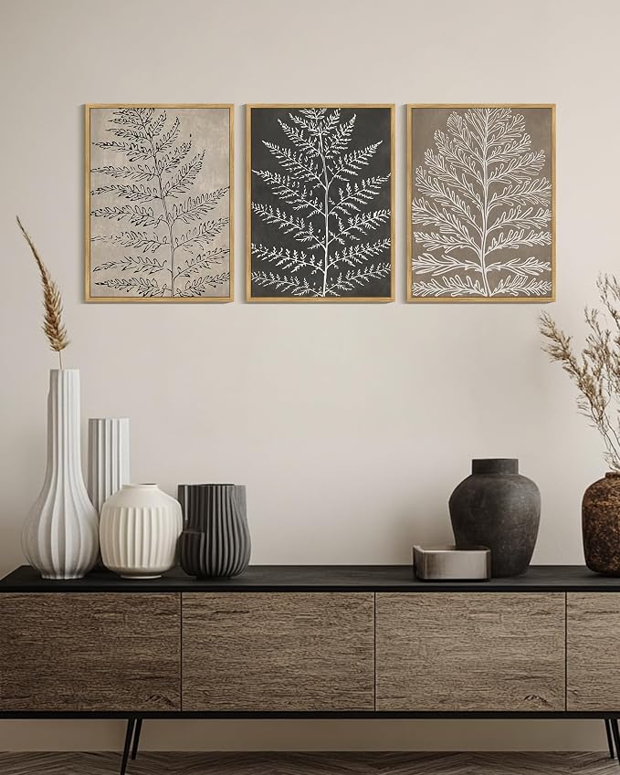 KUVIOKE Vintage Botanical Framed Wall Art Bohemian Black Tan Plant Leaf Wall Decor Nature Fern Plant Silhouette Wall Painting for Living Room Bedroom 12x16in (Natural Framed)