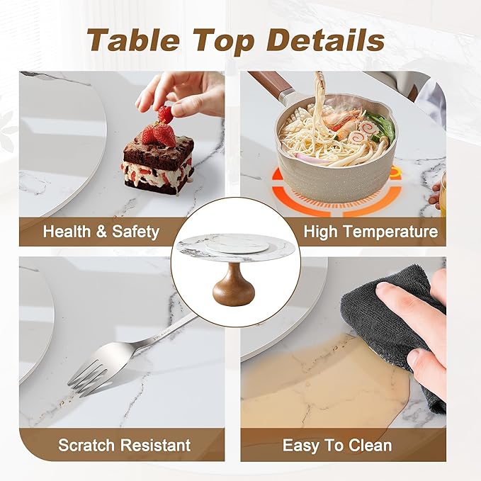 Montary 53” Modern Round Dining Table for 4-6 Seat, Artificial Marble Dining Room Table with Lazy Susan, Vase Shaped Walnut Wood Base, Sintered Stone Top Dining Table (Only Table)