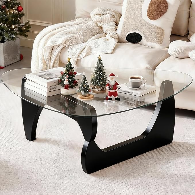Black Coffee Table, 45" Large Oval Glass Coffee Table with Triangle Tempered Glass Top for Living Room, with Adjustable Wood Legs, Mid Century Center Tables