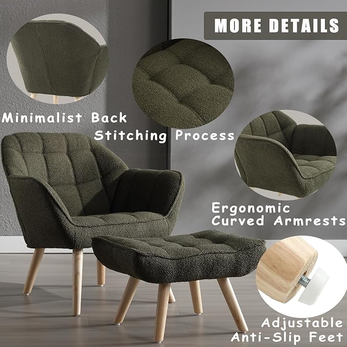 Sherpa Accent Chair with Ottoman, Modern Fuzzy Reading Chair with Ottoman Upholstered Armchair with Wood Legs Comfy Lounge Chair for Small Spaces Living Room Bedroom Book Nook, Green