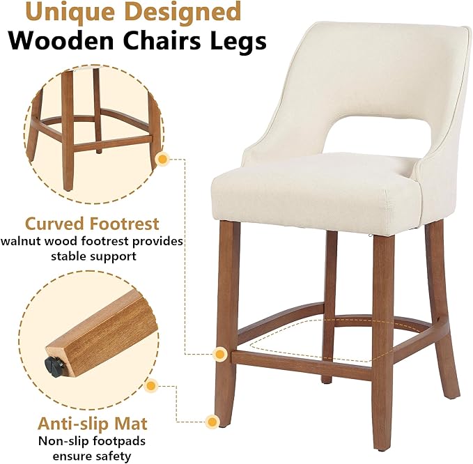 ClinQ Bar Stools Set of 4, 26" H Counter Height Bar Stools with Backs, Modern Upholstered Accent Barstools with Curved Footrest for Kitchen Island, Dining Room and Bar, Beige-Walnut Legs
