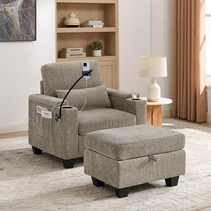 Oversized Chaise Lounge Chair Indoor, Single Convertible Recliner Reading Arm Sofa Chair W/Adjustable Backrest & Charging Port Couch Bed for Living Room, Home Theater & Bedroom, Brown