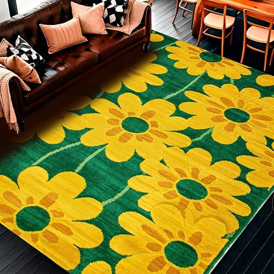 Flatwoven High Traffic Area Rug 5x7, Retro Floral Kitschy Bloom Design, Non Slip, Stain Resistant, Washable Area Rugs for Living Room, Bedroom (Yellow, 5x7)
