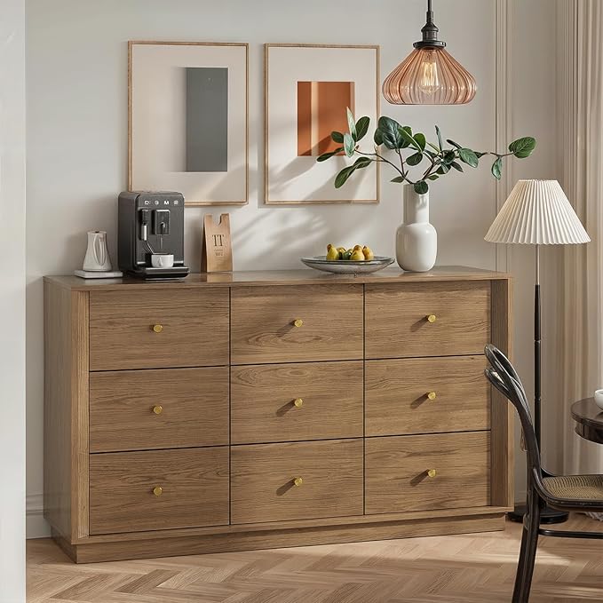 9 Drawer Dresser, Mid Century Modern Dresser with Storage, 55" Wide Chest of Drawers with Wood Grain Texture, Dressers TV Stand for Bedroom, Living Room, Hallway, Walnut