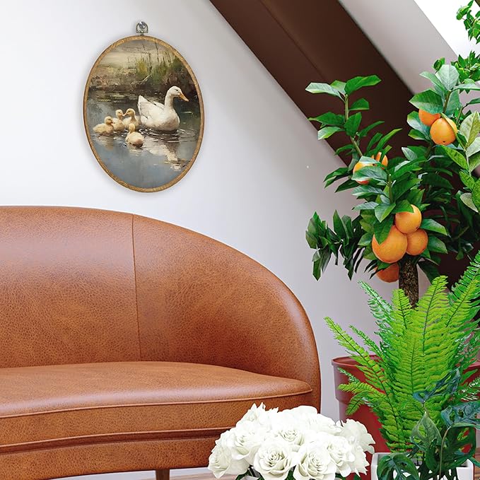 CGBHW Vintage Duck Oval Wall Art Decor, Spring Country Landscape Animal Canvas Prints Framed, Rustic Farmhouse Wall Art Hanging Decor for Home Kitchen Bedroom Living Room Decoration, 8.6x11.4 Inch