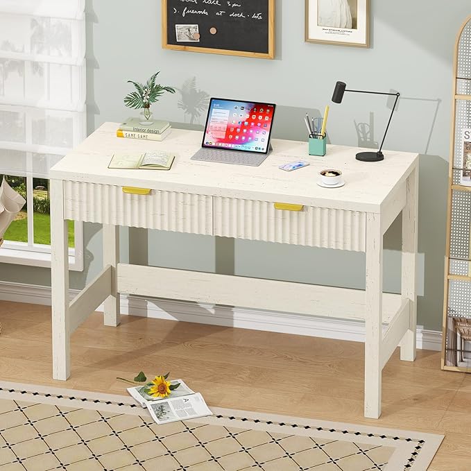 YOMILUVE Fluted Computer Desk with 2 Drawers, 39 Inch Small Computer Desk with Storage, Compact Writing Study Vanity Desk for Small Spaces, White