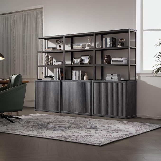 SICOTAS Book Shelf Fluted Bookshelf 71" Tall Bookcase with Doors Storage 5 Tier Mid Century Modern Bookshelves Large Shelves Metal Book Cases for Living Room Office Bedroom Kitchen Library (Black)