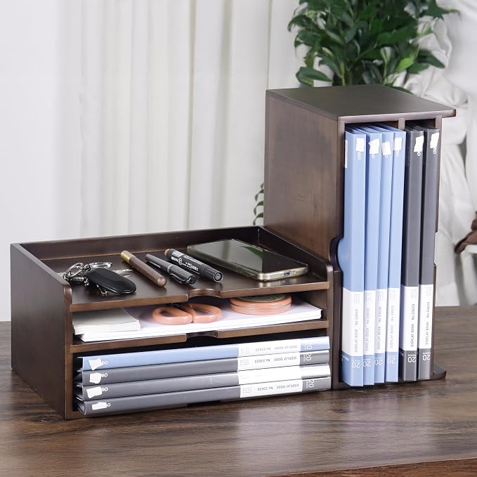 Wooden Desk Organizer with Dark Wood Finish, Stackable Paper Tray & File Holder, Multifunctional Mail Letter Sorter for A4 Documents, File Organizer，Office Supplies Storage for Home Office Study Work